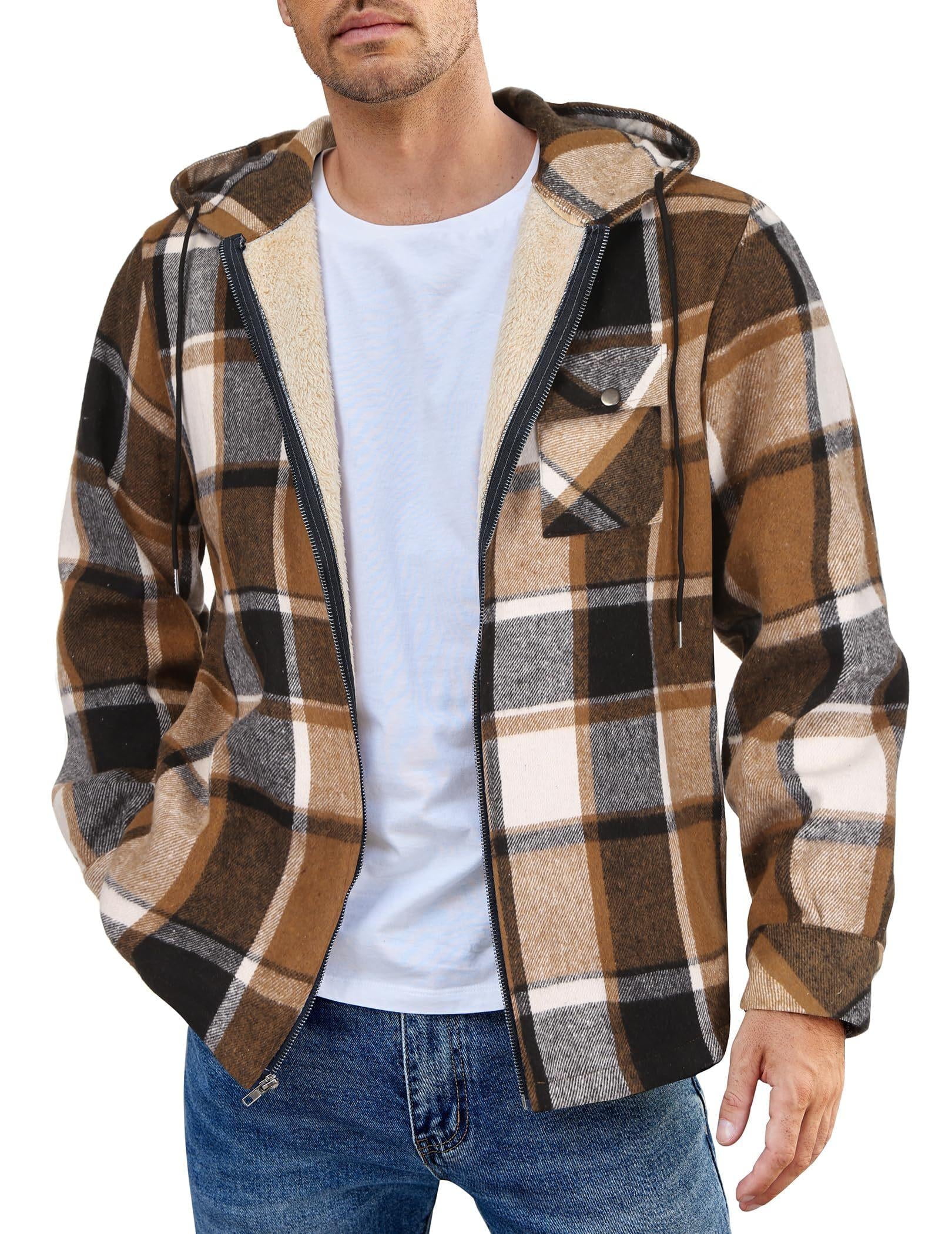 COOFANDY Men's Flannel Hooded Shirt Jacket Plaid Hoodie Zipper Sherpa Lined Winter Thermal Flannel