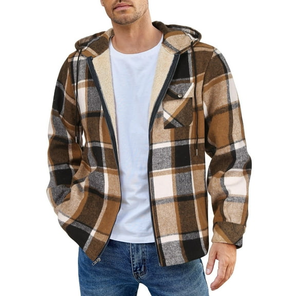 COOFANDY Men's Flannel Hooded Shirt Jacket Plaid Hoodie Zipper Sherpa Lined Winter Thermal Flannel