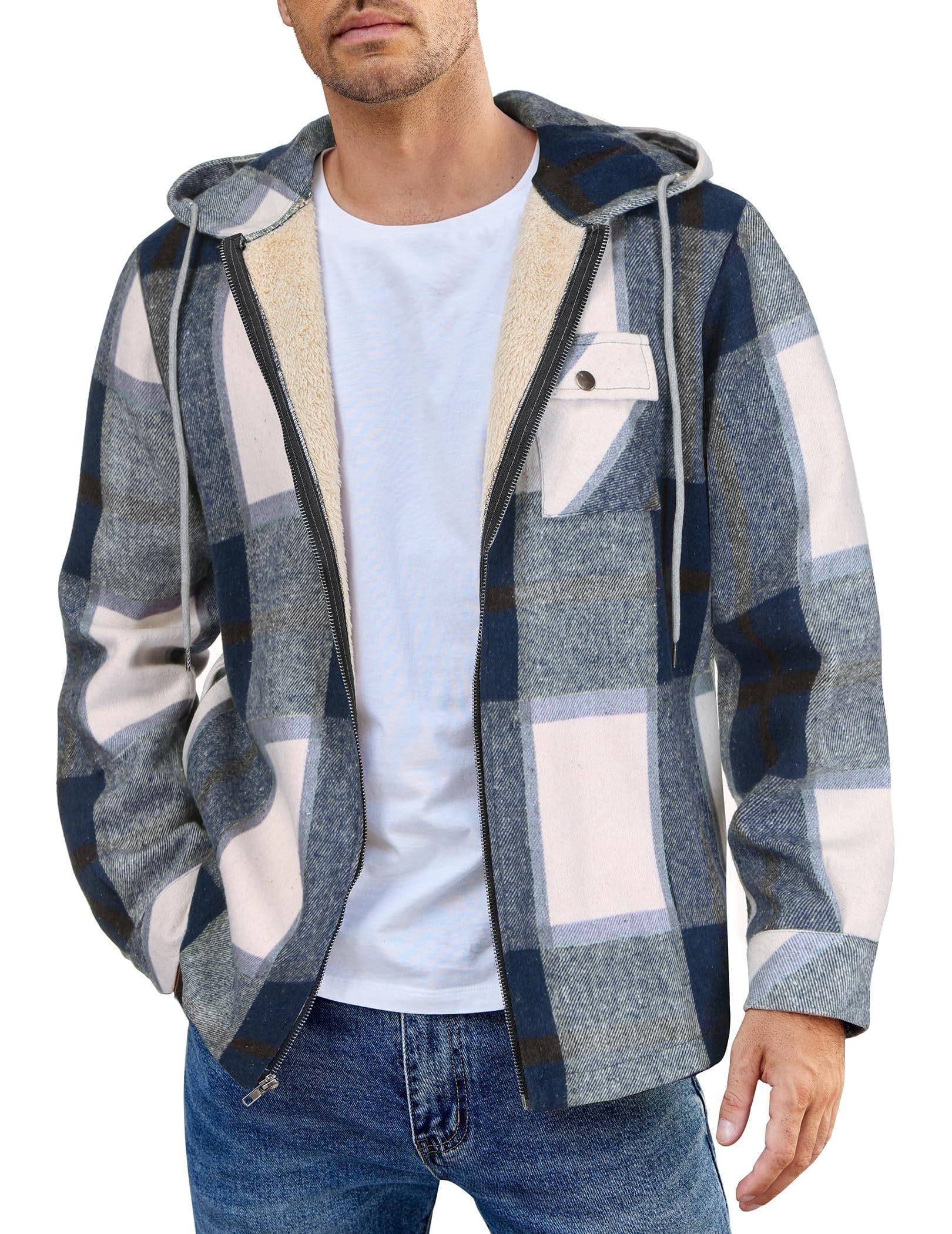 COOFANDY Men's Flannel Hooded Shirt Jacket Plaid Hoodie Zipper Sherpa Lined Winter Thermal Flannel