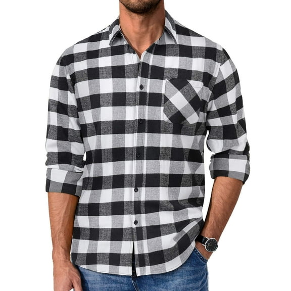 COOFANDY Black Flannel Men Untucked Shirts for Men Long Sleeve Relaxed Fit Flannel Shirt