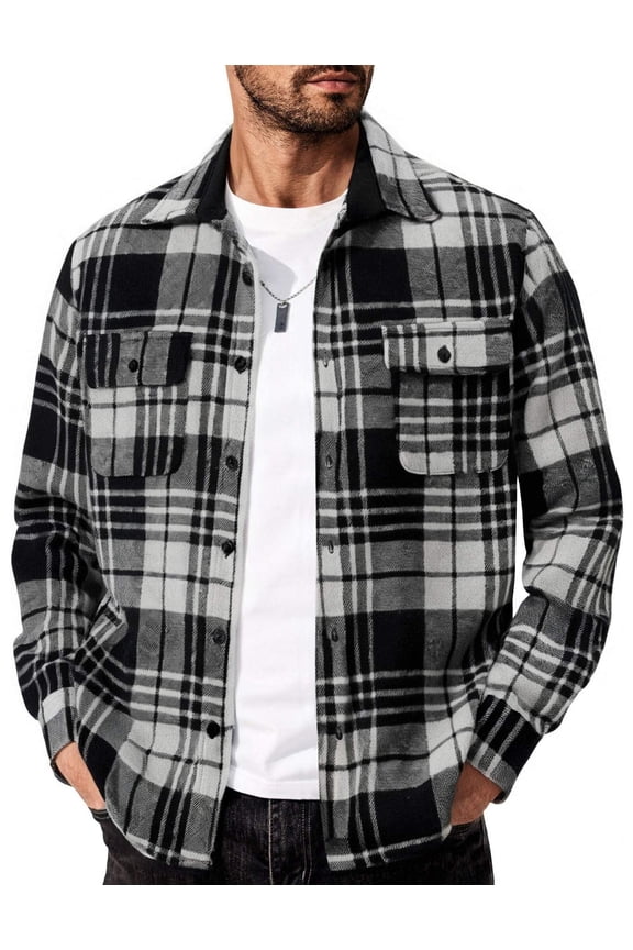 Men's Flannel Shirt Casual Fall Shirts Cotton Plaid Jacket with Pockets