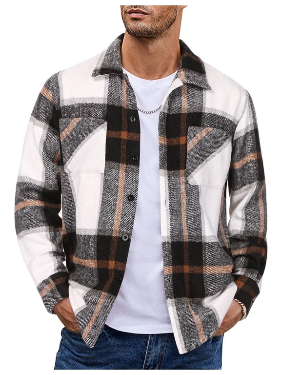 Men's Flannel Shirt Jacket Lightweight Fall Shacket Long Sleeve Fleece Trucker Overshirt