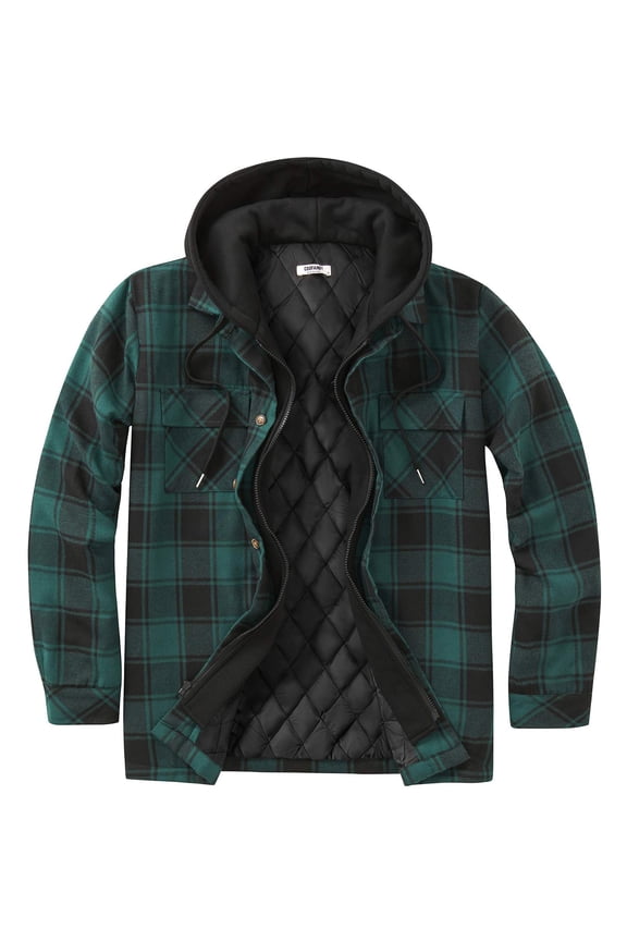 Men's Flannel Shirt Jacket Warm Quilted Lined Hooded Long Sleeve Plaid Shirt Jackets