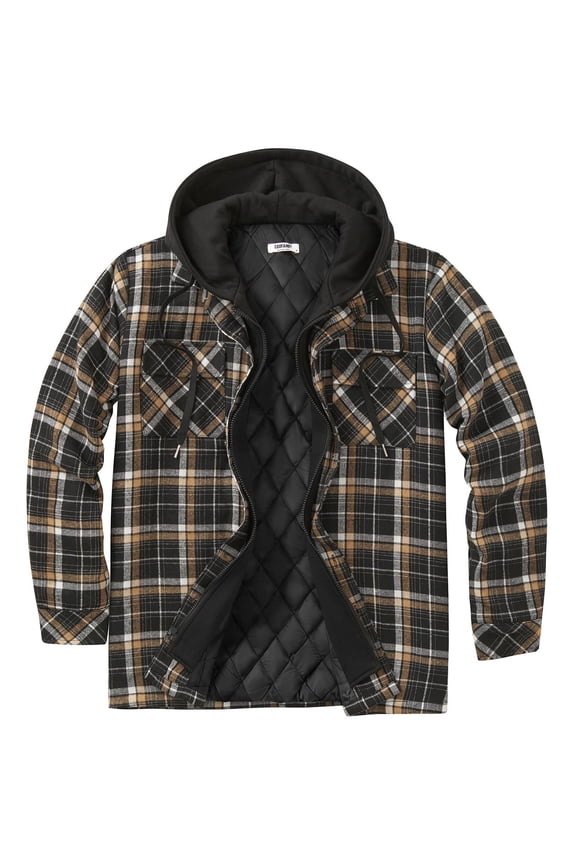 Men's Flannel Shirt Jacket Warm Quilted Lined Hooded Long Sleeve Plaid Shirt Jackets