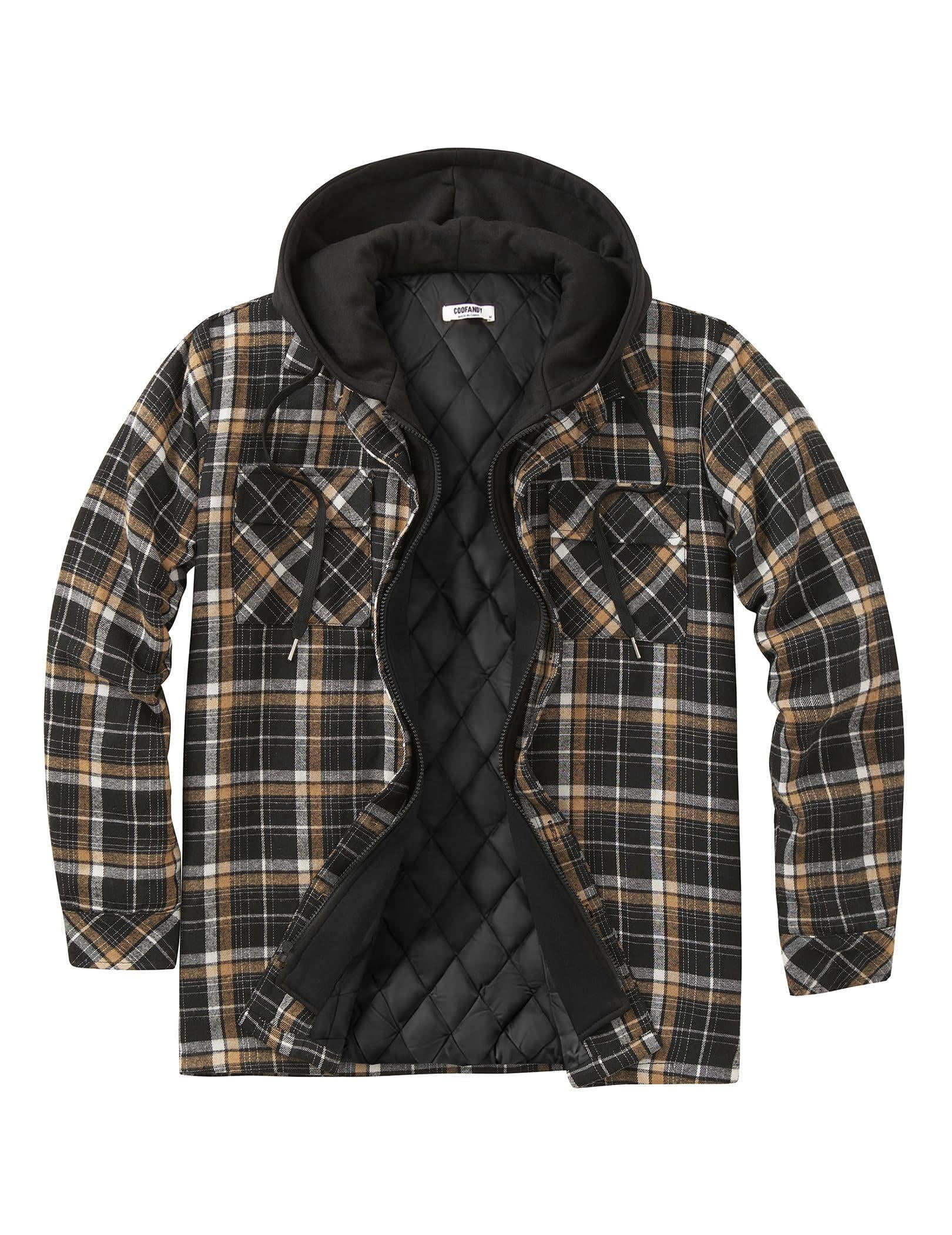 COOFANDY Men's Flannel Shirt Jacket Warm Quilted Lined Hooded Long