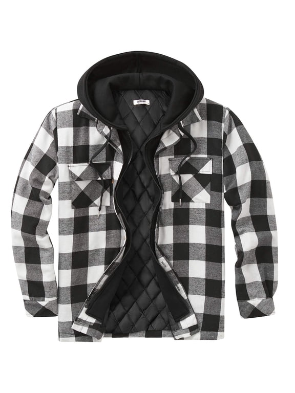 Men's Flannel Shirt Jacket Warm Quilted Lined Hooded Long Sleeve Plaid Shirt Jackets