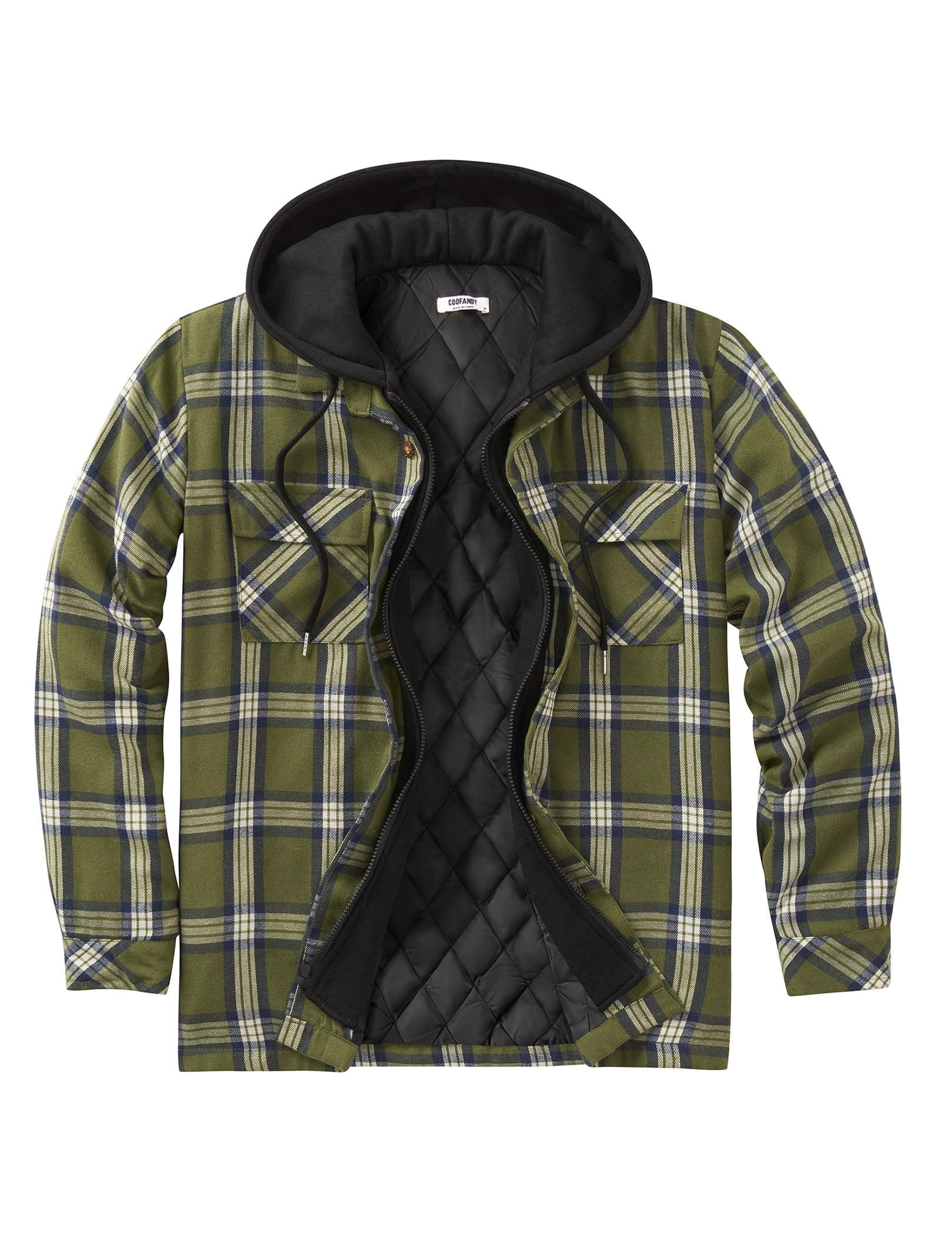 COOFANDY Men's Flannel Shirt Jacket Warm Quilted Lined Hooded Long