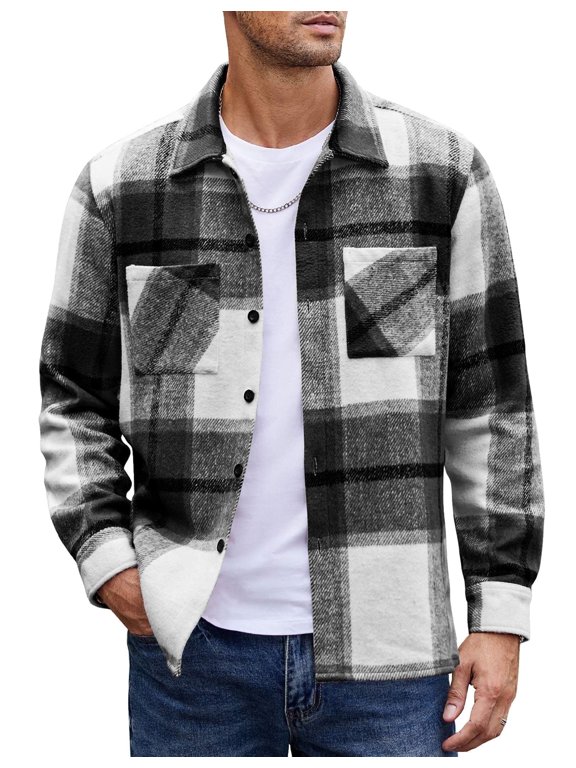 Men's Flannel Plaid Shacket - Casual Button Down, Long Sleeve Fleece Shirt Jacket with Pockets