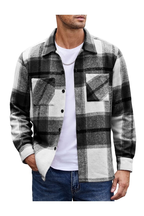 Men's Flannel Plaid Shacket - Casual Button Down, Long Sleeve Fleece Shirt Jacket with Pockets