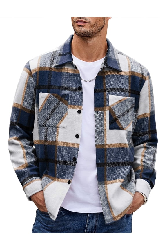 Men's Flannel Plaid Shacket - Casual Button Down, Long Sleeve Fleece Shirt Jacket with Pockets