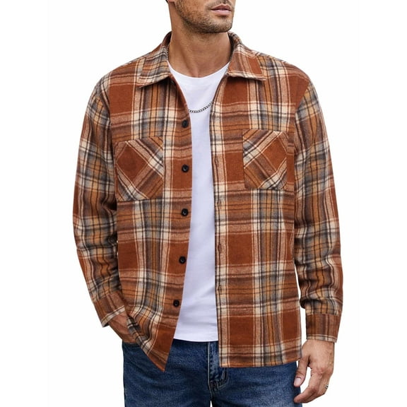 COOFANDY Men's Flannel Plaid Shacket - Casual Button Down, Long Sleeve Fleece Shirt Jacket with Pockets