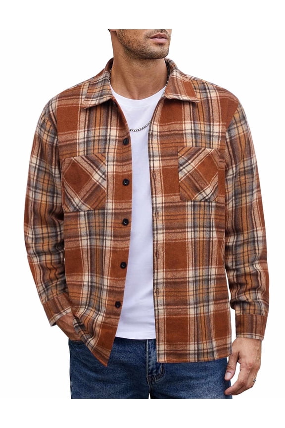 Men's Flannel Plaid Shacket - Casual Button Down, Long Sleeve Fleece Shirt Jacket with Pockets
