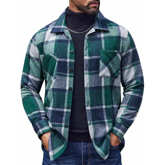 COOFANDY Men's Flannel Plaid Shacket - Casual Button Down, Long Sleeve Fleece Shirt Jacket with Pockets