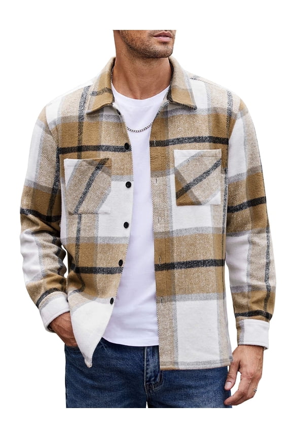 Men's Flannel Plaid Shacket - Casual Button Down, Long Sleeve Fleece Shirt Jacket with Pockets