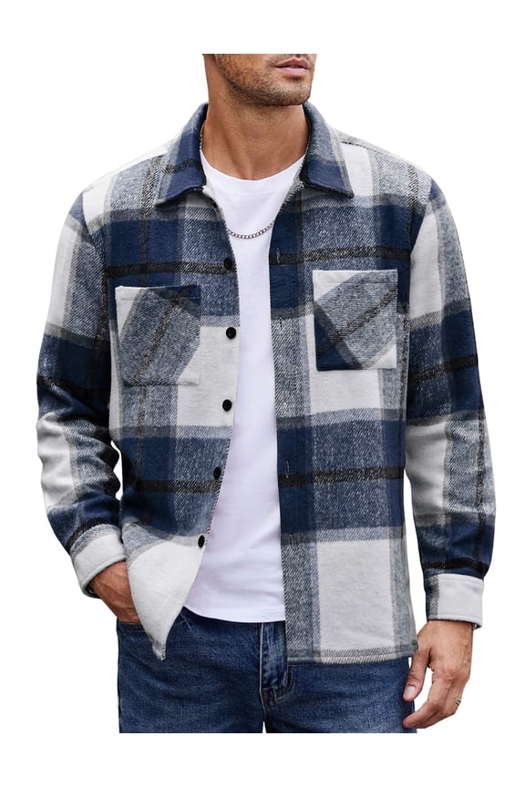 Men's Flannel Plaid Shacket - Casual Button Down, Long Sleeve Fleece Shirt Jacket with Pockets
