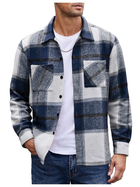 Men's Flannel Plaid Shacket - Casual Button Down, Long Sleeve Fleece Shirt Jacket with Pockets