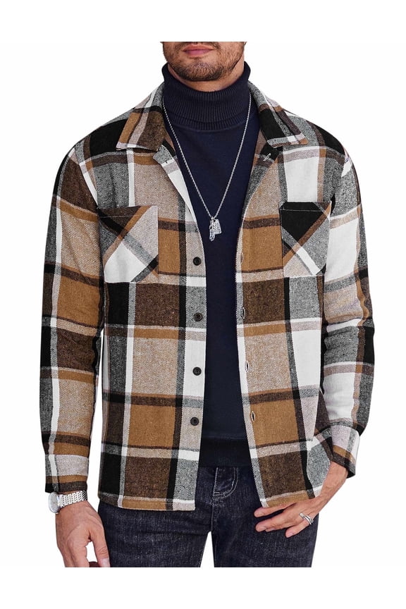 Men's Flannel Plaid Shacket - Casual Button Down, Long Sleeve Fleece Shirt Jacket with Pockets
