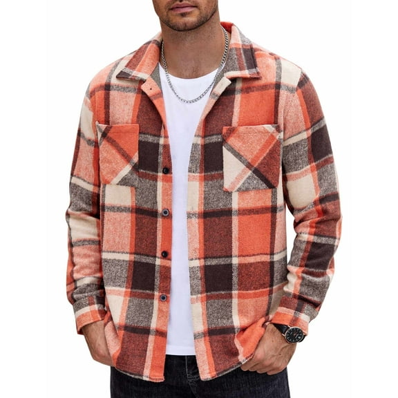 COOFANDY Men's Flannel Plaid Shacket - Casual Button Down, Long Sleeve Fleece Shirt Jacket with Pockets