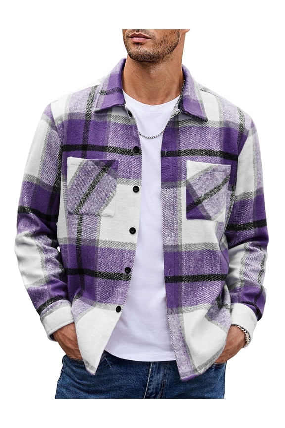 Men's Flannel Plaid Shacket - Casual Button Down, Long Sleeve Fleece Shirt Jacket with Pockets