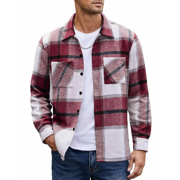 COOFANDY Men's Flannel Plaid Shacket - Casual Button Down, Long Sleeve Fleece Shirt Jacket with Pockets