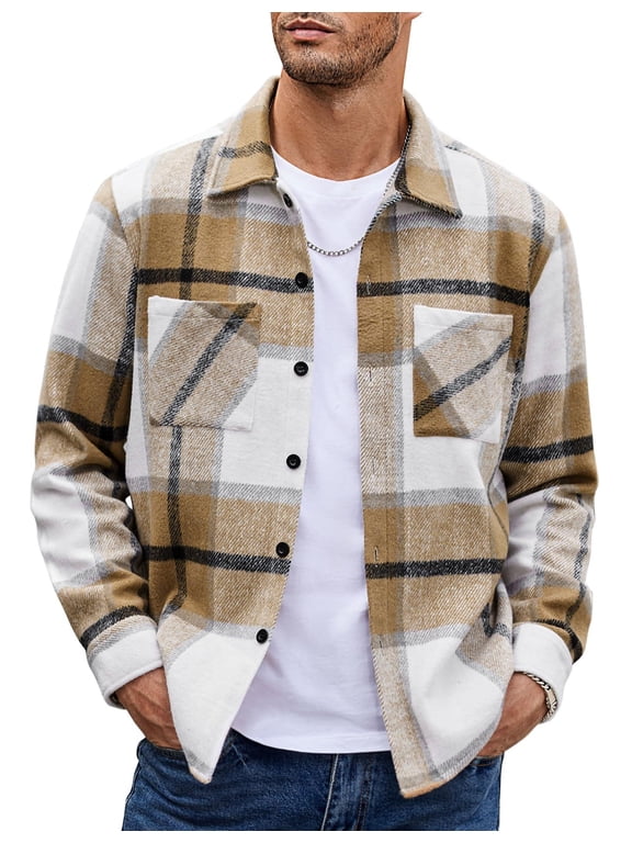 Men's Flannel Shirts Casual Button Down Plaid Shirt Jacket Long Sleeve Fleece Shacket with Pockets