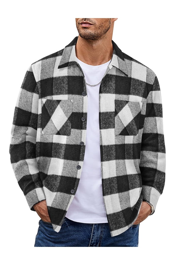 Men's Flannel Shirts Casual Button Down Plaid Shirt Jacket Long Sleeve Fleece Shacket with Pockets
