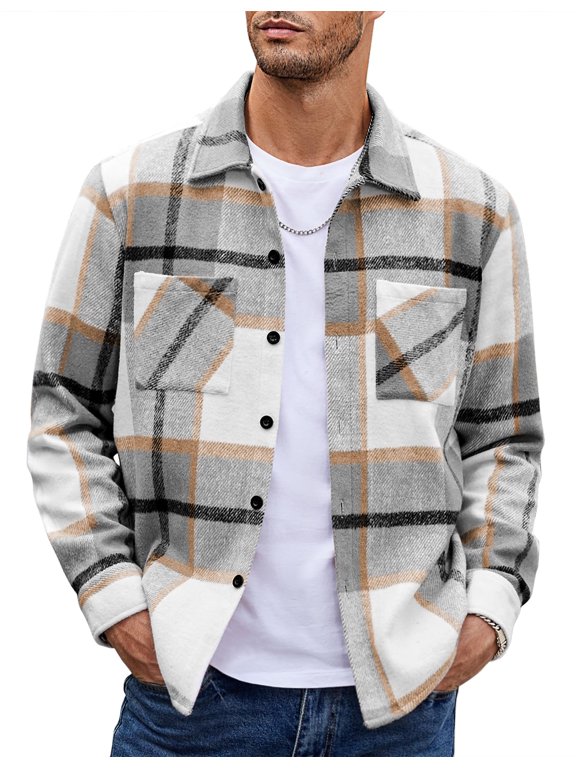 Men's Flannel Shirts Casual Button Down Plaid Shirt Jacket Long Sleeve Fleece Shacket with Pockets