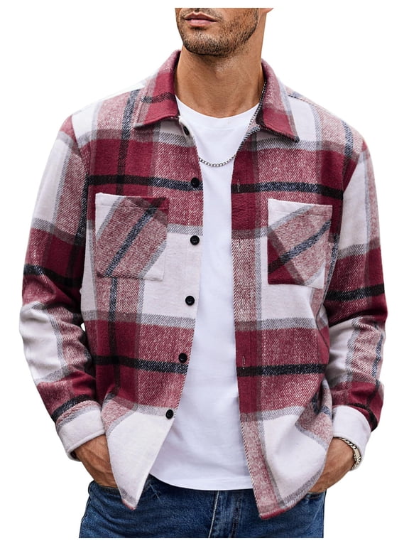 Men's Fleece Button Up Shirt Vintage Flannel Jacket for Men Long Sleeve Classic Plaid Shirts