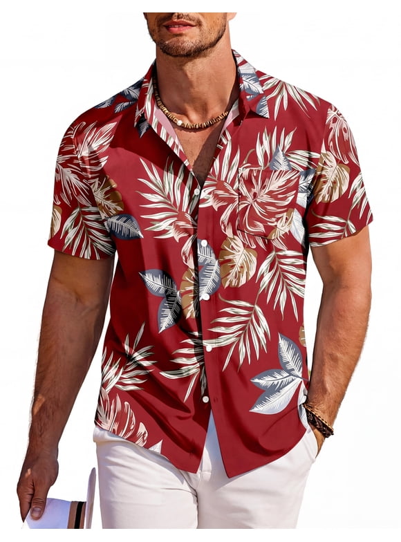Men's Floral Hawaiian Button Down - Short Sleeve Tropical Summer Beach Shirt
