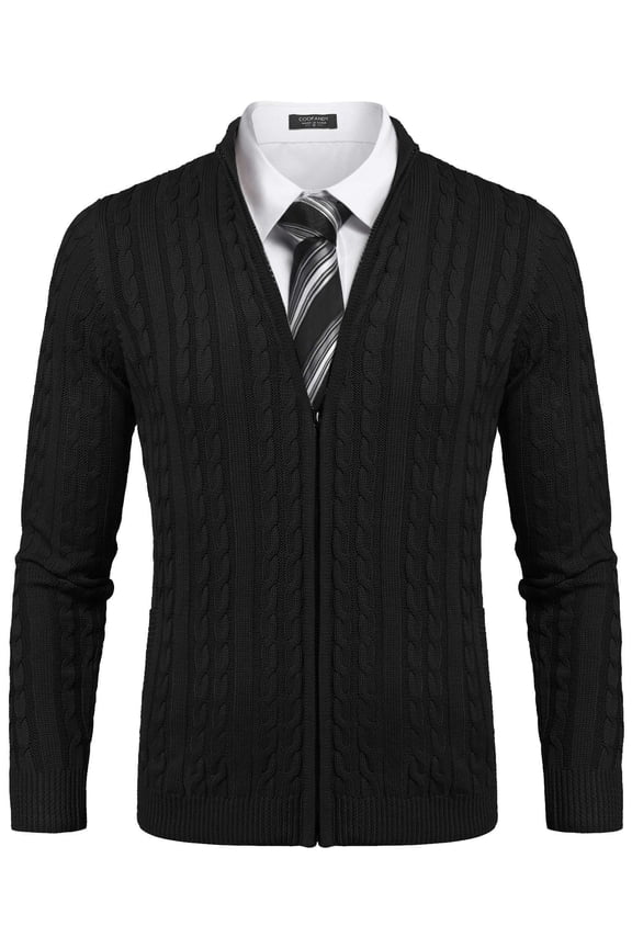 Men's Full Zip Cardigan Sweater Slim Fit Cable Knitted Zip Up Sweater with Pockets