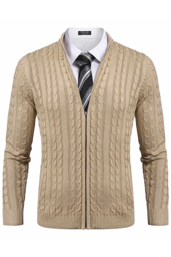 Men's Full Zip Cardigan Sweater Slim Fit Cable Knitted Zip Up Sweater with Pockets