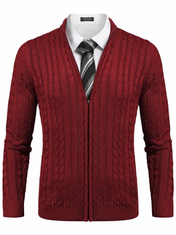 Men's Full Zip Cardigan Sweater Slim Fit Cable Knitted Zip Up Sweater with Pockets