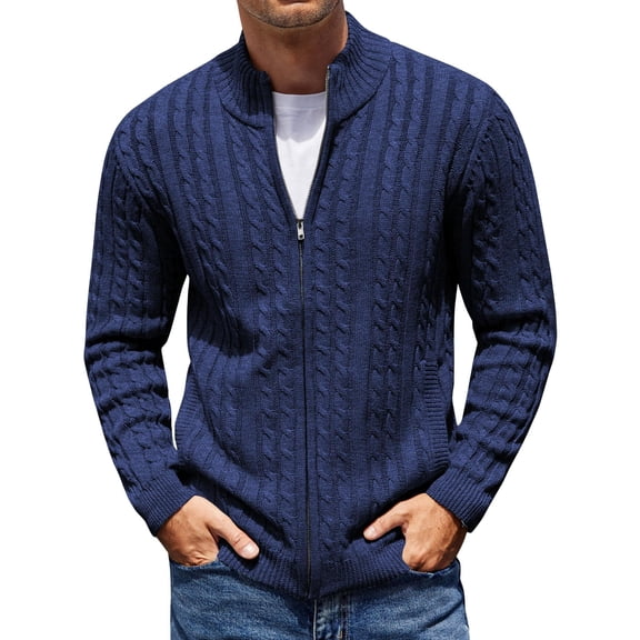 COOFANDY Men's Full Zip Cardigan Sweater Slim Fit Cable Knitted Zip Up Sweater with Pockets