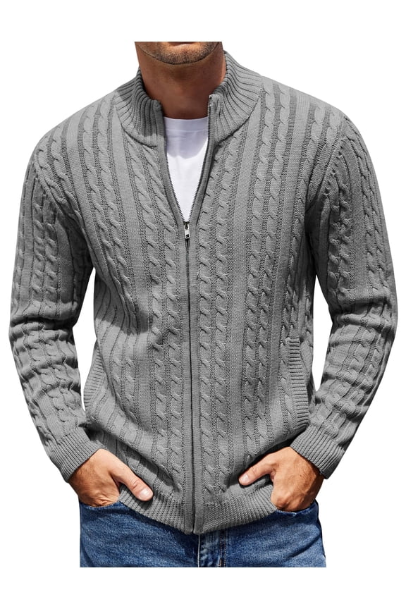 Men's Full Zip Cardigan Sweater Slim Fit Cotton Cable Knitted Zip Up Sweater with Pockets