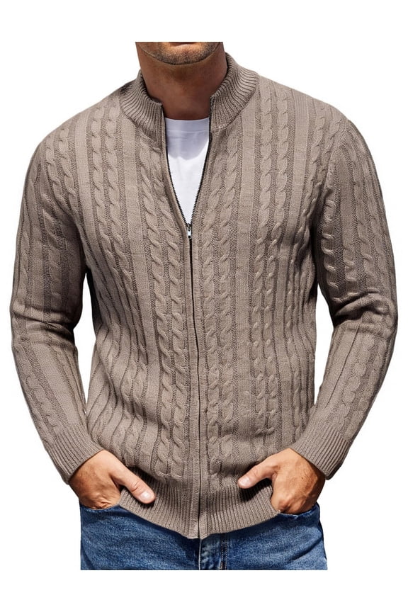 Men's Full Zip Cardigan Sweater Slim Fit Cotton Cable Knitted Zip Up Sweater with Pockets