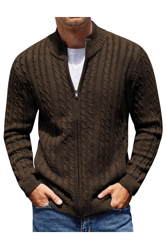 Men's Full Zip Cardigan Sweater Slim Fit Cotton Cable Knitted Zip Up Sweater with Pockets