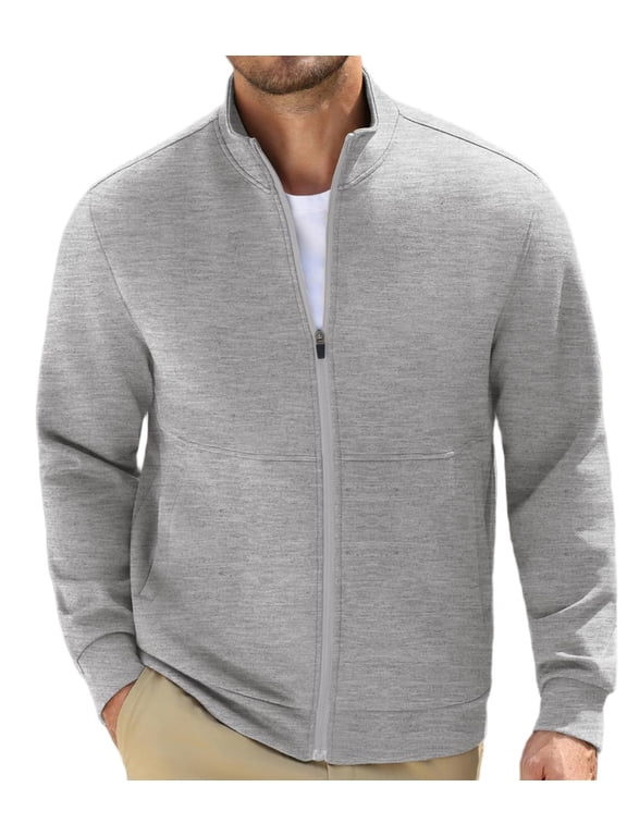 Men's Full Zip Stand Collar Sweatshirt Jacket, Lightweight Thermal Zip Up Outerwear, Long Sleeve Casual Layering Coat for Fall Winter Golf Gym Hiking Daily Work
