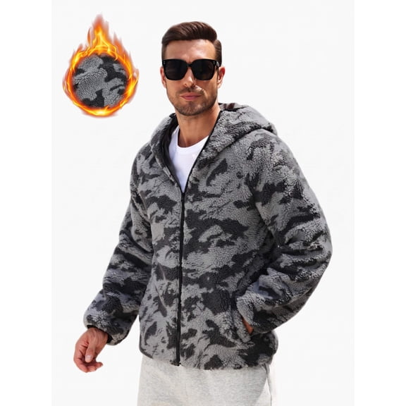 COOFANDY Men's Grey Camo Full Zip Hooded Sherpa Fleece Jacket Loose Warm Winter Streetwear Loog Sleeve Coat with Pockets