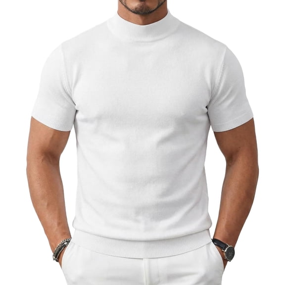 COOFANDY Mens Mock Turtleneck Pullover Sweater Short Sleeve White Knitted Tops Basic Slim Fit Undershirt Large