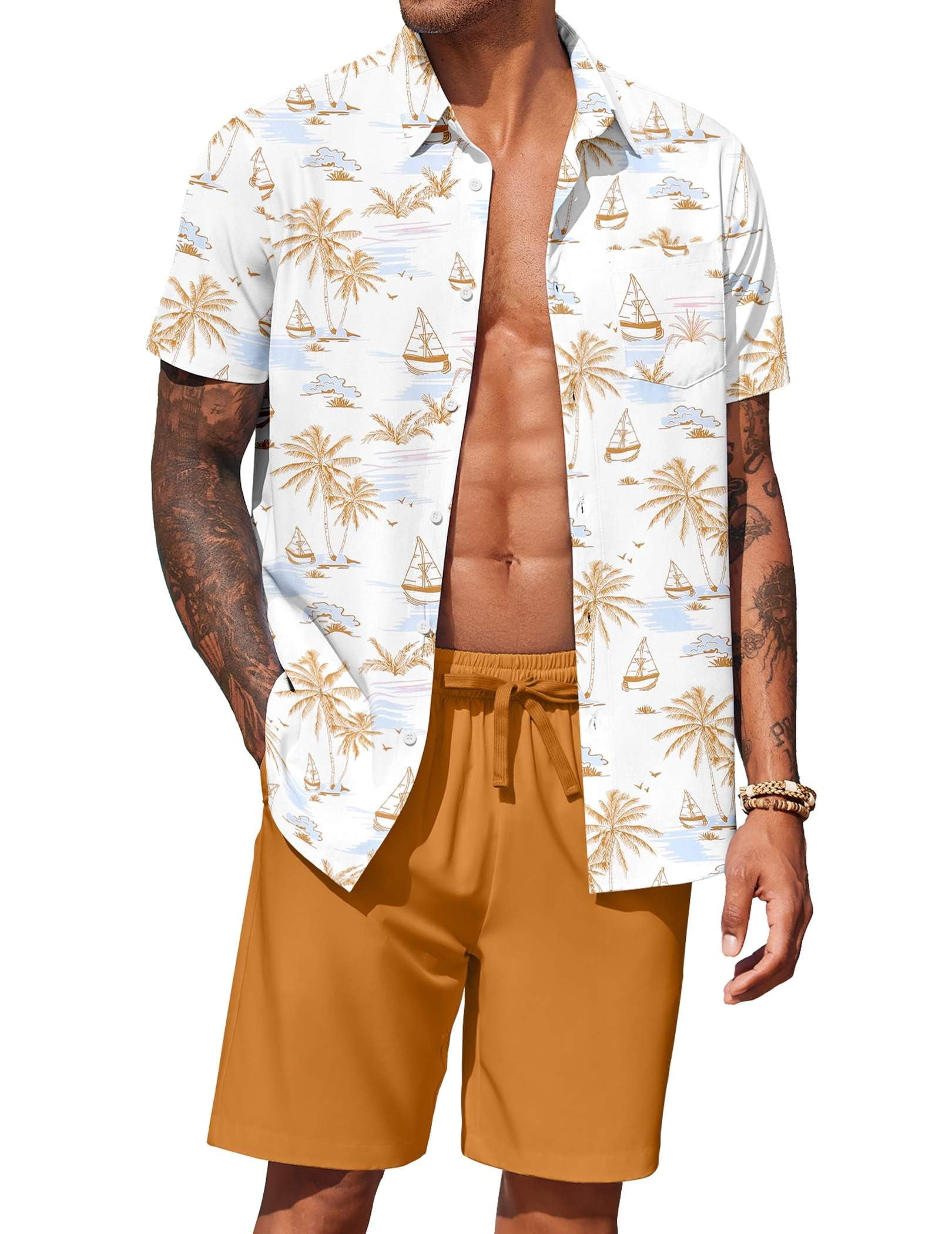 COOFANDY Men's Hawaiian 2 Piece Outfits Summer Beach Matching Set Short ...