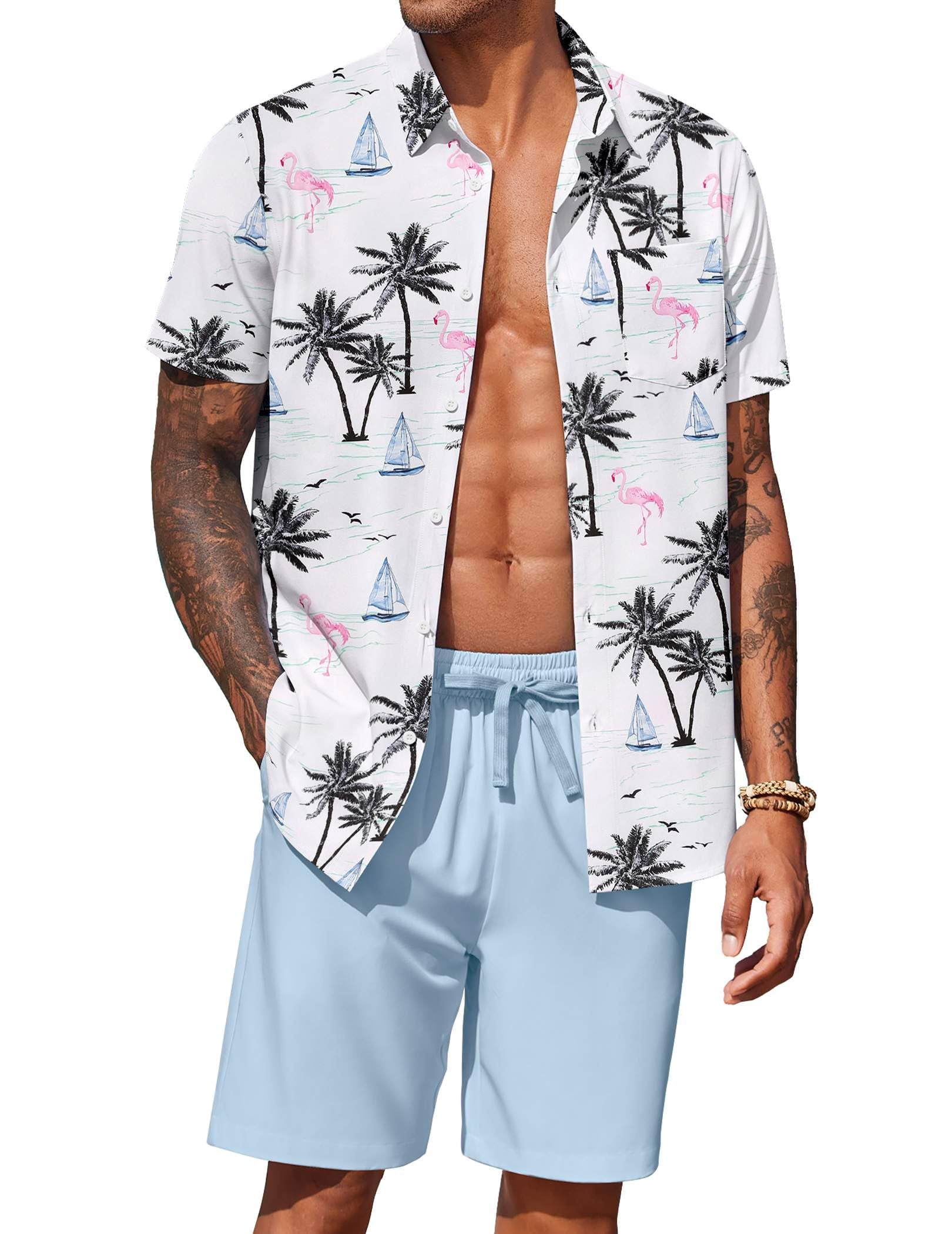 COOFANDY Men's Hawaiian 2 Piece Outfits Summer Beach Matching Set Short ...