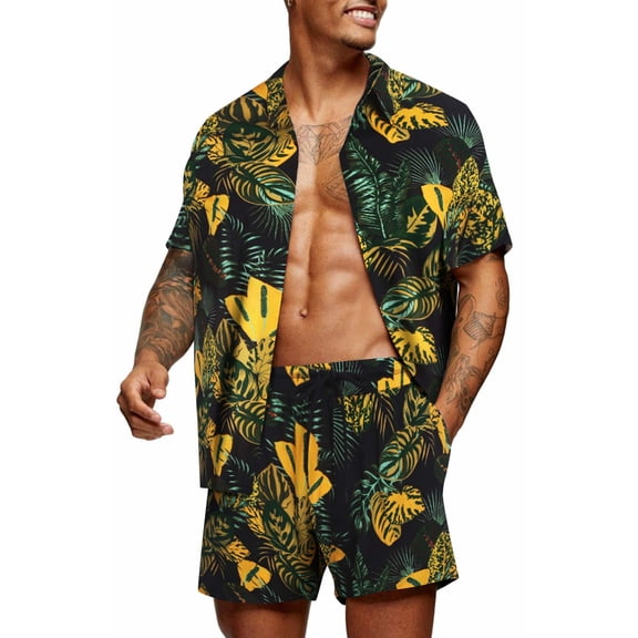 COOFANDY Men's Hawaiian Short Sleeve Shirt Aloha Print Casual Beach Shirts 2 Piece Short Set Tropical Vacation Outfits