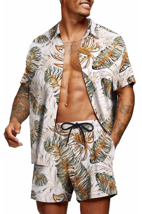 Men's Hawaiian Short Sleeve Shirt Aloha Print Casual Beach Shirts Two Piece Outfits Sets Resort Outfit