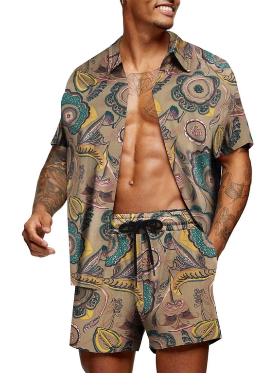 Men's Hawaiian Short Sleeve Shirt Aloha Print Casual Beach Shirts 2 Piece Short Set Tropical Vacation Outfits