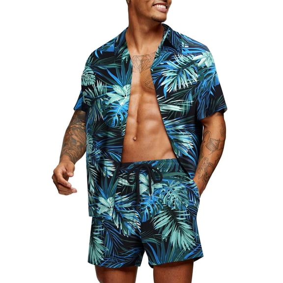 COOFANDY Men's Hawaiian Short Sleeve Shirt Aloha Print Casual Beach Shirts 2 Piece Short Set Tropical Vacation Outfits