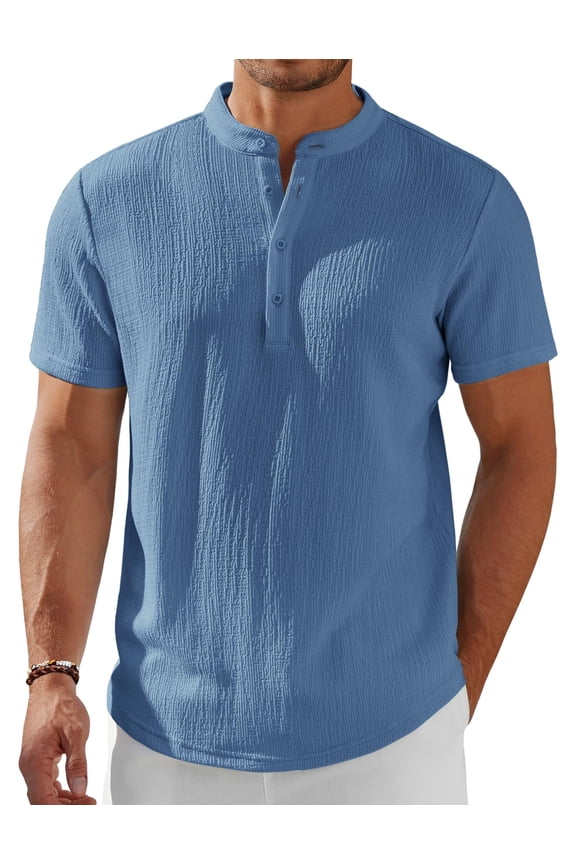 Men's Henley Shirt Short Sleeve Band Collar Textured Half Button T-Shirt Lightweight Summer Beach Shirts