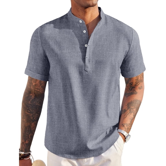 COOFANDY Men's Henley Shirt Short Sleeve Casual Band Collar T Shirts Summer Beach Hippie Shirt