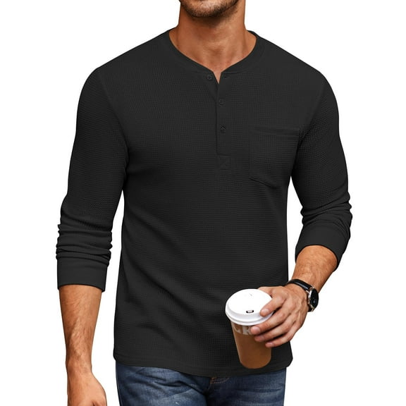 COOFANDY Men's Henley Shirts Long Sleeve Basic Waffle Pique Pullover T-Shirt with Pocket