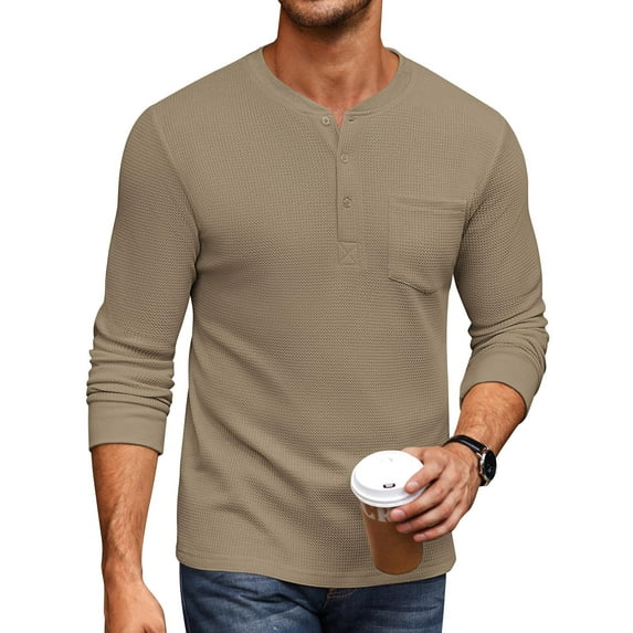 COOFANDY Men's Henley Shirts Long Sleeve Basic Waffle Pique Pullover T-Shirt with Pocket