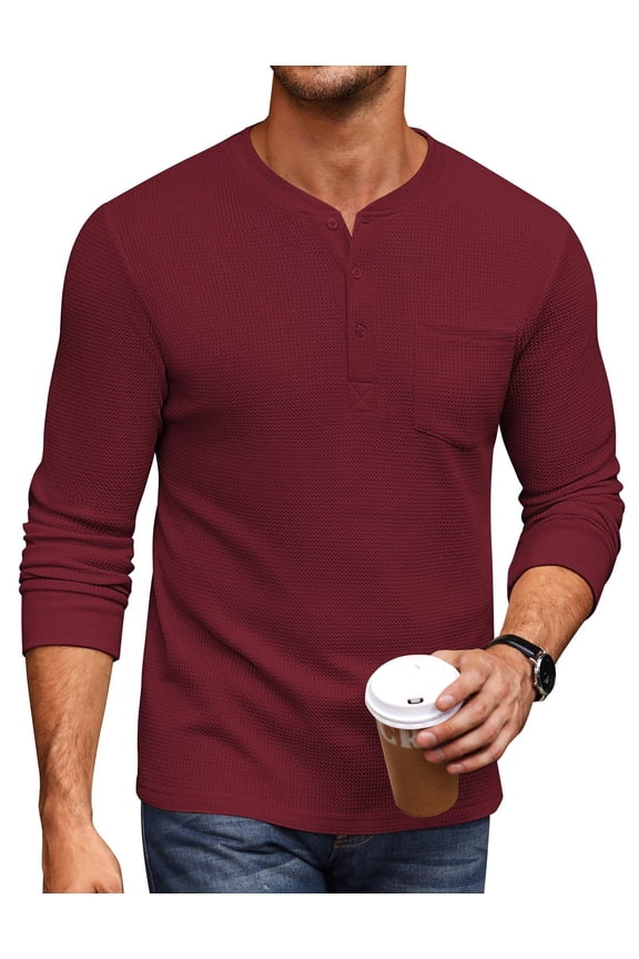 Men's Henley Shirts Long Sleeve Basic Waffle Pique Pullover T-Shirt with Pocket Christmas Sweater